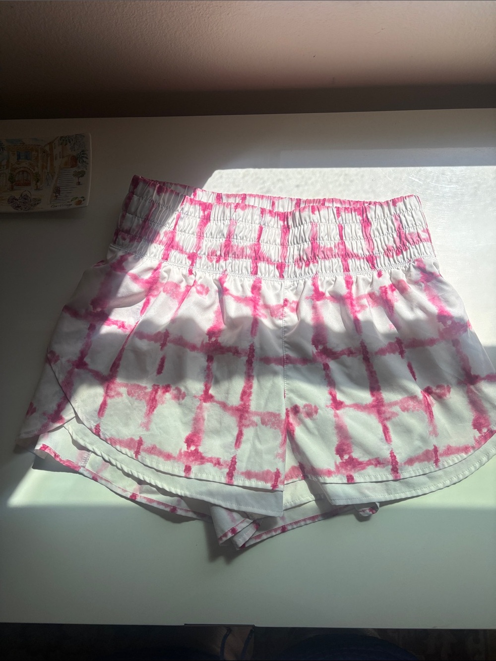 Smocked-Waist Pink Grid Athletic Shorts for Women